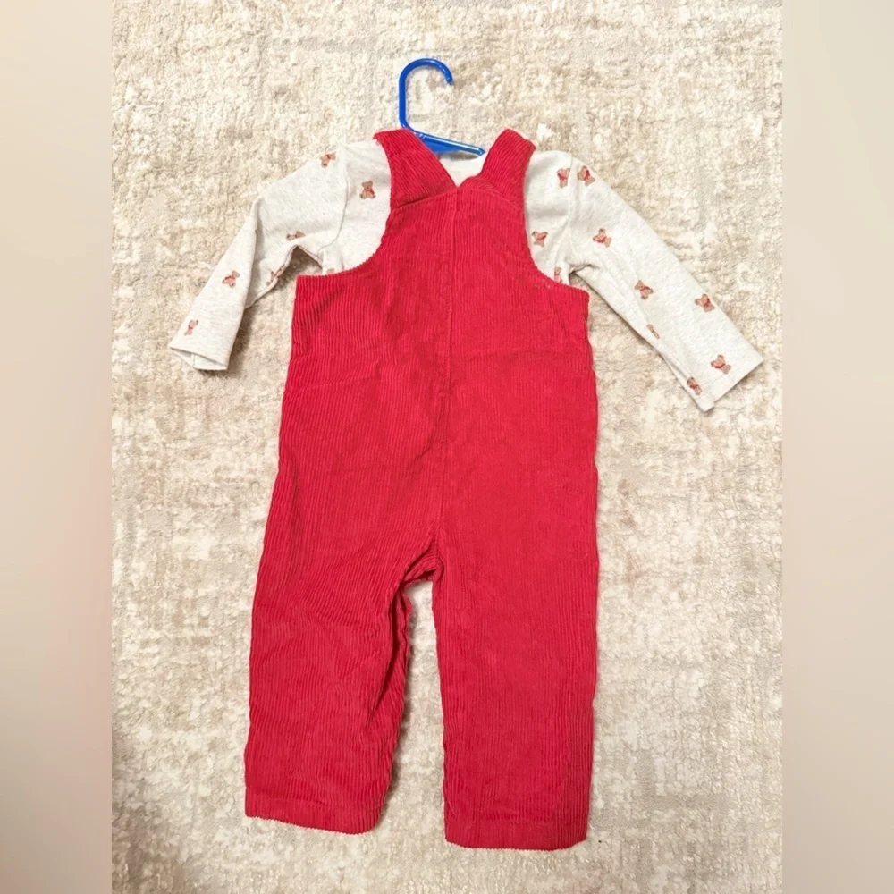 Carter's Red Corduroy Kids Overalls Teddy Matching Holiday Set size 12months